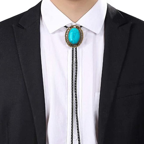 Western Cowboy Bolo Tie Men Leather Necktie Leather Cord Turquoise Stone Bolo Ti - Picture 6 of 6